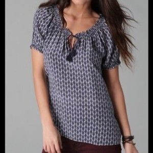 Joie Masha Printed Smocked Trim Silk Blouse XS